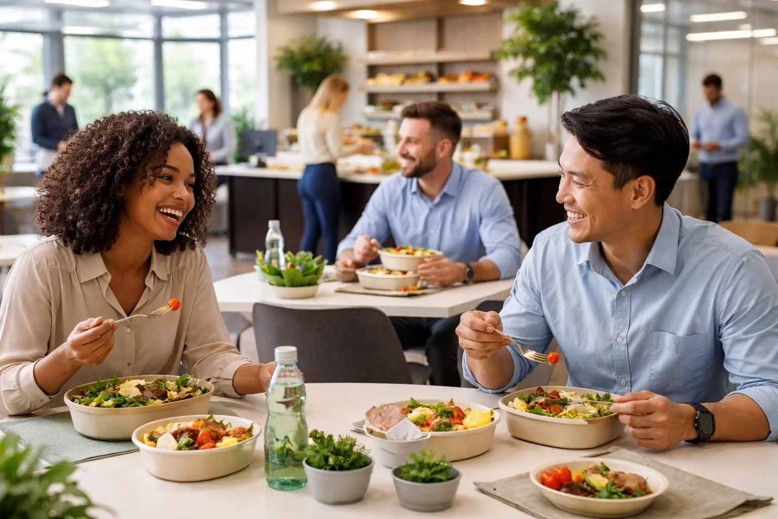 Colaboradores em ambiente corporativo realizando refeição saudável em conjunto, destacando a importância do fornecimento de refeições para o bem-estar no trabalho.