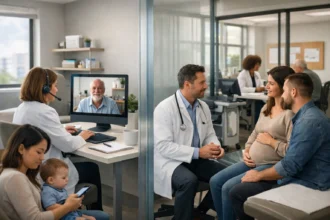 Consultório médico moderno com atendimento presencial e telemedicina, representando a flexibilidade da locação de consultório na prática clínica.